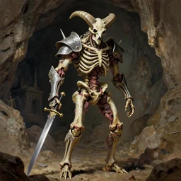 A spiked horned semihuman skeleton with armored joints stands in a large cave with sword in hand. Massive shoulderplates. Extremely high detail, realistic, fantasy art, solo, masterpiece, bones, ripped flesh, saturated colors, art by Zdzisław Beksiński, Arthur Rackham, Dariusz Zawadzki