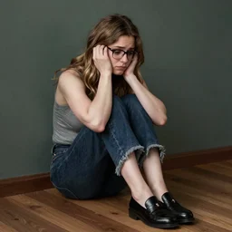 Allison Mack wearing glasses sitting on the floor, sad, by Edmund Blair Leighton
