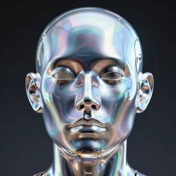 surrealistic 3d illustration of a human face made of holographic chrome-plated material, concept of cyborg and artificial intelligence