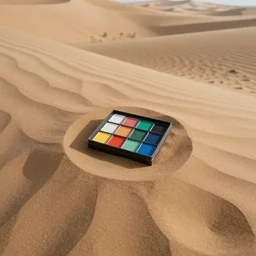 a box of colors in the middle of the desert, top view, film photography