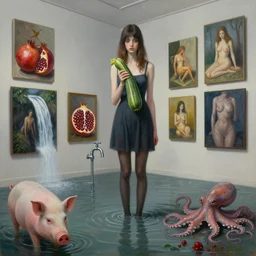 painting of a flooded art gallery, painting of a tall emo girl holding a courgette, paintings on the wall, pomegranates, waterfall, faucet, pigs, octopus, berries, zen, sensual, surrealist, by magritte and monet