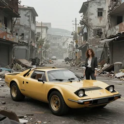a beautiful picture of a woman next to a Lancia Stratos in a post apocalyptic street by Greg Rutkowski and Ruan Jia trending on Artstation