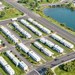 bird's eye view of a city, trailer park, a road, bridge, and lagoon with docking area. forest and hills at the northern end
