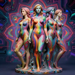 full body statue of Emma Watson by roger dean and Luo Li Rong and Michael James Talbot, all body, perfect symmetrical face, colorful, psychedelic psychedelic psychedelic colors, fresh rainbow bodypainting, synthwave, in full growth, elegant, realistic, 8K, female full-skin figure, hyperrealism, subsurface scattering, raytracing, rim light, Octane Render, Redshift, Zbrush, complex psychedelic glitch background