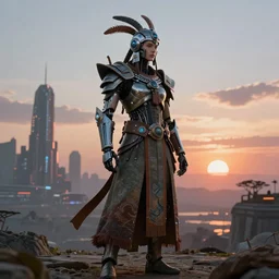 a highly evolved cyborg humanoid with armor wearing a futuristic tribal headdress and long flowing robes, standing in an alien landscape with a distant sci-fi city and a beautiful sunset, featured on artstation