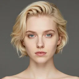 feminine looking, fair skin, attractive neck, dimples, caucasian, satirized blonde hair