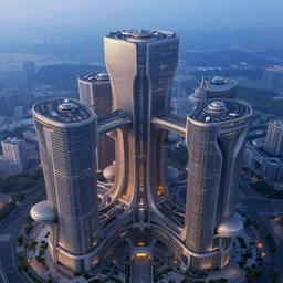 a wide shot of a sci - fi beautiful neo - brutalist monumental multi - building structure, tall buildings with spaceship parking lots on top, with many rounded elements sprouting from the base tower creating a feel of an organic structure, photography shot at blue hour