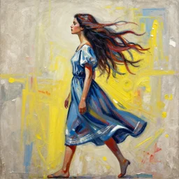 paint girl in dress in the wind, style of romero britto