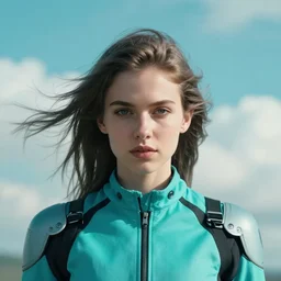 symmetry closeup portrait of a racer girl cyborg jumpsuit in clouds cinematic light windy teal cyan by gerald brom by mikhail vr by craig mullins