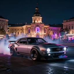 widebody audi camaro b 1 ( 1 9 6 9 ) drifting, need for speed : carbon, at night, neon lines, lviv historic centre, phonk music background, smoke behind wheels, noise, dark, establishing shot