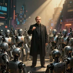 robot revolutionary speaking to a crowd of robots amid the backdrop of a cyberpunk city (((in the socialist realist style))) of lenin speaking to the red army by isaac brodsky