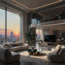 a futuristic luxury high tech apartment interior, painting by Craig Mullins, octane rendering, moody lighting, wide angle lens, in the style of blade runner