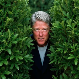 Bill Clinton hiding between two bushes