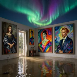 interior of a house flooded. aurora borealis. iridescent, psychedelic colors. painting by balthus, piero della francesca, agnes pelton, utamaro, monet