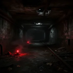 ruined, abandoned, underground metro station, seen from inside. Pitch black darkness, red flares on the ground is the only lightsource. Smoke. Dirt, leaves on ground. Unreal Engine. Substance painter. Zbrush. Trending on artstation. 8K. Highly detailed.