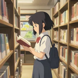 At the end of the world, a high school girl browsing in a bookstore, Makoto Shinkai style