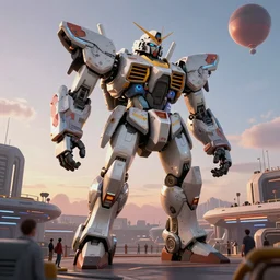 a beautiful hyperrealistic ultradetailed 3 d render of a gigantic mecha guarding a sci - fi spaceport, by michael whelan : 3, mech, unreal engine, octane render, gigantic, unreal engine, octane render, 3 d, brilliantly coloured, intricate, ultra wide angle, trending on artstation, dusk, volumetric lighting, hdr, polished, micro details, ray tracing, 8 k : 2, people, sphere, balloon, blurry, blur, depth of field, dof, bokeh, obscured, macro : - 1