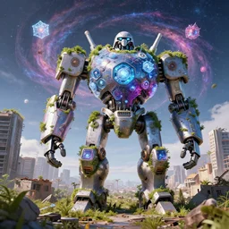 A giant robot in city ruins overtaken by vegetation, Little planet, An Odyssey Beyond Reality, cinematic, hyper realism, high detail, octane render, unreal engine, 8k, vibrant color, from the spirals of galaxies to the hexagonal shapes of snow crystals!, futuristic toaster with complex circuitry, Potions for the modern adventurer, by andrea chiampo and chet zar