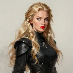 artistic portrait of a confident and mature looking northern blond princess warrior, long hair, beautiful blue eyes and red lips, perfect fit body, black clothes, art by artgerm and greg rutkowski and magali villeneuve, highly detailed, digital painting, trending on artstation, concept art, sharp focus, illustration, masterpiece