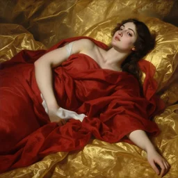 beautiful oil matte portrait painting, women covered in red drapers lying on golden sheets, wonderful masterpiece highly detailed, beautiful cinematic light deep focus, elegant, digital painting, smooth, sharp focus, golden ratio, dramatic illumination, ultra realistic, 8 k, art by artemisia lomi gentileschi and caravaggio