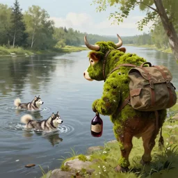 A digital painting of a mossy cow in Moscow looking at a river. The cow is holding a wineskin and wears a rucksack. Husky dogs are swimming in the river.
