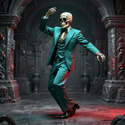 a skeleton in sunglasses and an elegant suit dancing, digital art, teal and red color palette, gray dungeon background, very realistic, artstation, by greg rutkowski