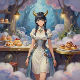 viking scifi pastry chef in a cloud forest cafe, wearing a lovely dress with cyberpunk elements. this oil painting by the award - winning mangaka has an interesting color scheme and impeccable lighting.