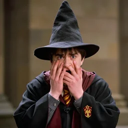 student from harry potter wearing the sorting hat terrified