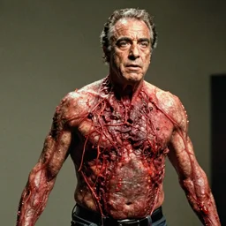 rudy giuliani body horror directed by david cronenberg, limb mutations, swollen veins, red flesh strings, cinestill 8 0 0 t, 1 9 8 0 s movie still, film grain