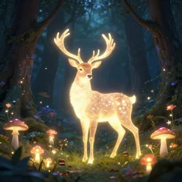 a glowing luminous deer surrounded by luminous flowers and mushrooms, in an enchanted forest, trending on artstation, HDR, Instagram photo, fantasy art