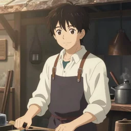 an anime portrait of charlie day as a blacksmith, outside workshop, anime soft shaded, studio trigger, smooth, clean lines