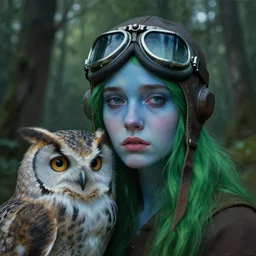 a close up portrait of a lonely young beautiful woman and her massive owl, ww 2 pilot goggles, fine facial features, symmetrical, sad, blue skin, green hair, in a forrest, inspired by edward hopper and grand budapest hotel, high resolution, octane render, high detailed masterpiece painting