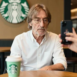 john lennon sitting inside a starbucks and taking a picture of his drink cup with his iphone 1 2, black and white photo, real, photorealistic