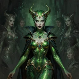 full portrait of witchqueen, green metal shiny skin. intricate, elegant, highly detailed, centered, digital painting, artstation, concept art, smooth, sharp focus, illustration, artgerm, tomasz alen kopera, peter mohrbacher, donato giancola, joseph christian leyendecker, wlop, frank frazetta