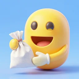 yellow 3 d smiling face emoji holding a bag of white powder in disembodied gloved hands