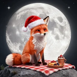 a fox wearing a santa hat, sitting on the moon, having a picnic