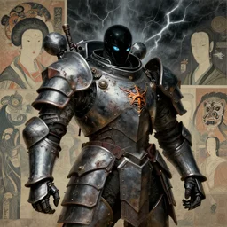 composition of gothic and futuristic, warhammer, cyber japan style armor, more and more scars, thunderstorm, black head, water eyes, some blue and orange, the middle ages, highly detailed, artstation, in the style of moebius, jugendstil and classic japanese print, art by rene magritte and jean delville