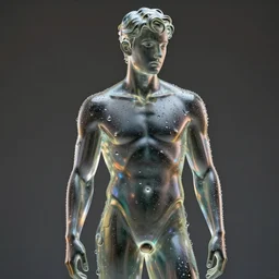 a statue of a young fit man made of transparent glass, by philippe starck and victoria hagan, cinematic lighting, soft internal light, covered in water drops, iridescent reflections, detailed digital photography by rutkovski and beksinski, masterpiece, gorgeous, 4 k, octane render