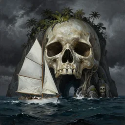 photorealistic painting of a 1 9 2 5 seiner sailing near a tropical skull - shaped cliff with the mouth of a sea cave at the waterline, dark, brooding, atmospheric, lovecraft, horror, smooth, epic, highly detailed, cinematic, by larry elmore
