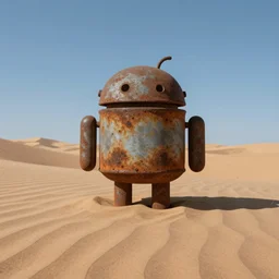 rusty android standing in dunes, clear blue sky, muted colors, illustration by moebius