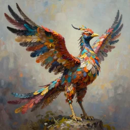 a sculpture of mythical creatures, made of colorful feathers, half man half bird, elegant, symbol of fertility and abundance, shaman messenger of a new generation, artstation, visionaryart, shamanicart, concept art, award winning acrylic painting, ambient occlusion, vray render,