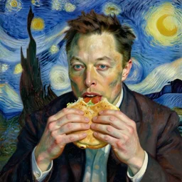 a beautiful oil painting of elon musk eating a panini, 8k , award winning , made in 1800's , old , painted by vincent van gogh