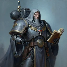 painting of a cloaked tech priest holding a book, cybernetic enhancements attached to his body, covered in wiring, praise the omnissaiah, Zdzislaw Beksinski, Lewis Jones, mattias adolfsson, Warhammer 40K!!, cold hue's, cold tone gradient background, concept art, digital painting