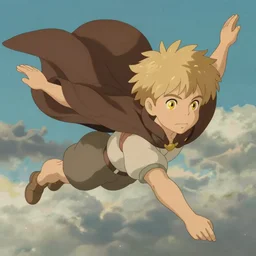 blonde boy with golden eyes wearing a brown cape and flying in t pose, in the style of studio ghibli, artgerm