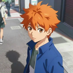 orange - haired anime boy, 1 7 - year - old anime boy with wild spiky hair, wearing blue jacket, shibuya street, bright sunshine, strong lighting, strong shadows, vivid hues, sharp details, subsurface scattering, intricate details, hd anime, anime movie, 2 0 2 1 anime