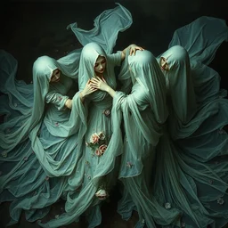 top angle view, wide lens of multiple asian female ghost draped in rotten flowery dress, dancing with each other, beautiful concept painting by caravaggio, ruan jia, jakub rebelka, artgerm, greg rutkowski, edgar maxence