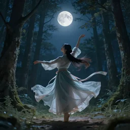 a girl dancing in the night of the forest, with her back facing the viewer, moon hanging in the sky, hyperdetailed, trending on artstation, chinese style
