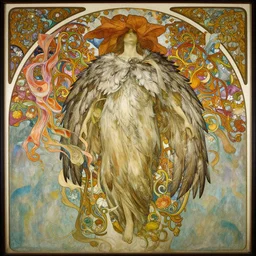 a beautifull intricate painting of a disembodied soul wearing a feathered cloak surrounded by tendrils, flowers, flying silk, vivid colors, artstation, by jeremy mann, by alphonse mucha,