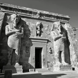 very old black and white photo of an ancient Egyptian tomb, with statues of aliens