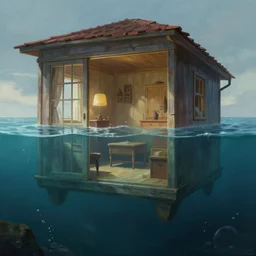 inside a house that is sinking in the ocean, water is about mid level, furniture is half way submerged, concept art, highly detailed, cinematic lighting, digital art painting by greg rutkowski